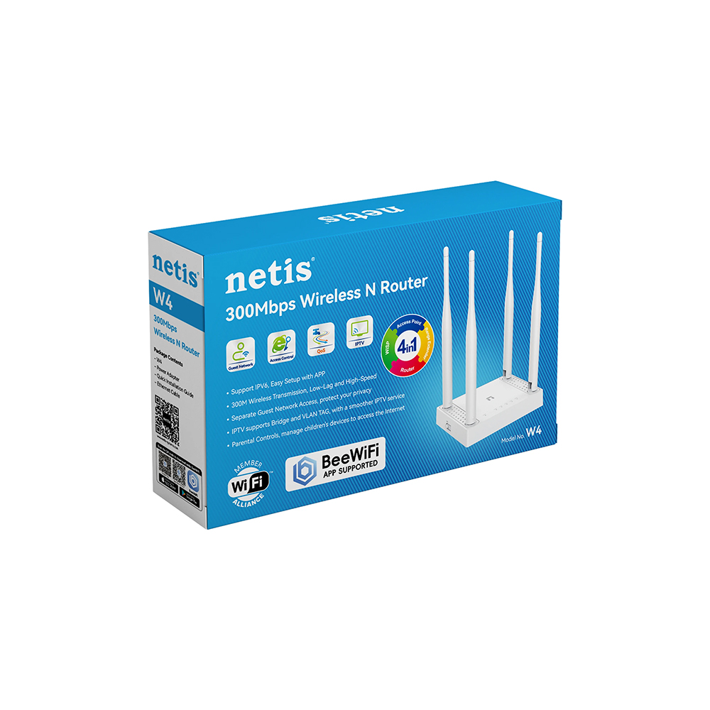 Bộ phát wifi Netis W4 (Chuẩn N/ 300Mbps/ 4 Ăng-ten ngoài/ 15 User)
